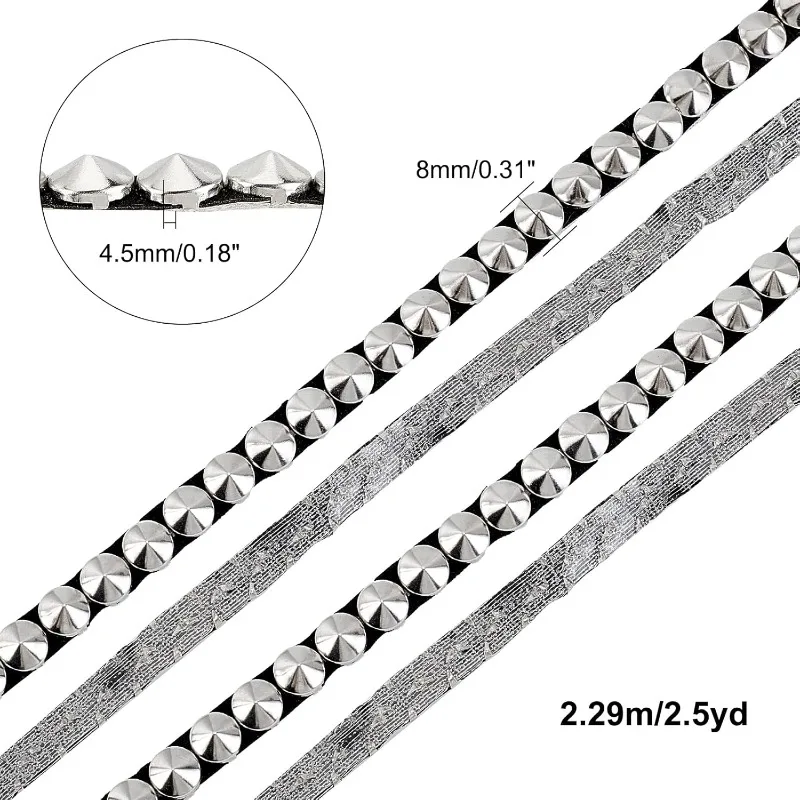 2.5 Yards 8mm Hot Fix Nailhead Trim Sliver Metal Iron-on Nailhead Trim with Black PU Leather Base Pyramid Stud Nailhead Applique