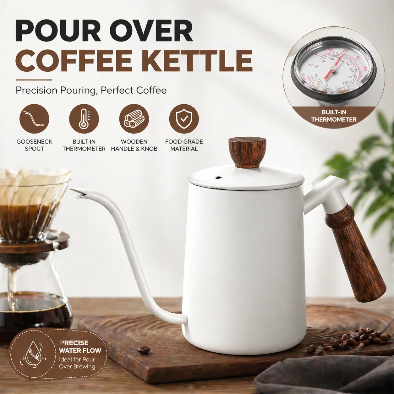 

Coffee Pot with Lid Thermometer 304 Stainless Steel Clear Scale Solid Wood Handle High Quality Hand-made Coffee Utensils 600ML