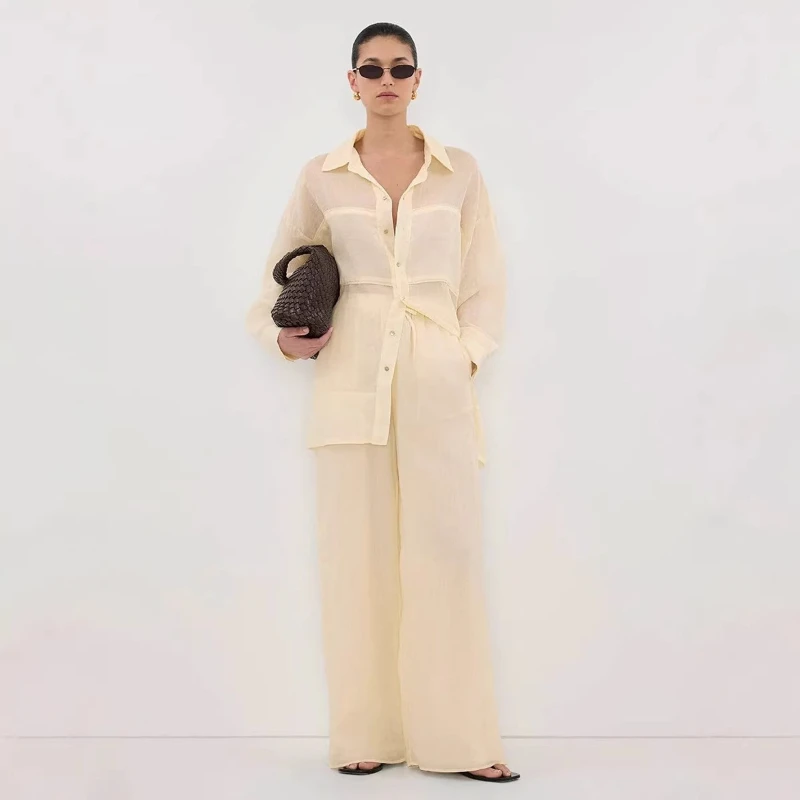 

2026 Spring New Semi transparent Long Sleeve Solid Color Collar Shirt and Pants Two Piece Set for Women
