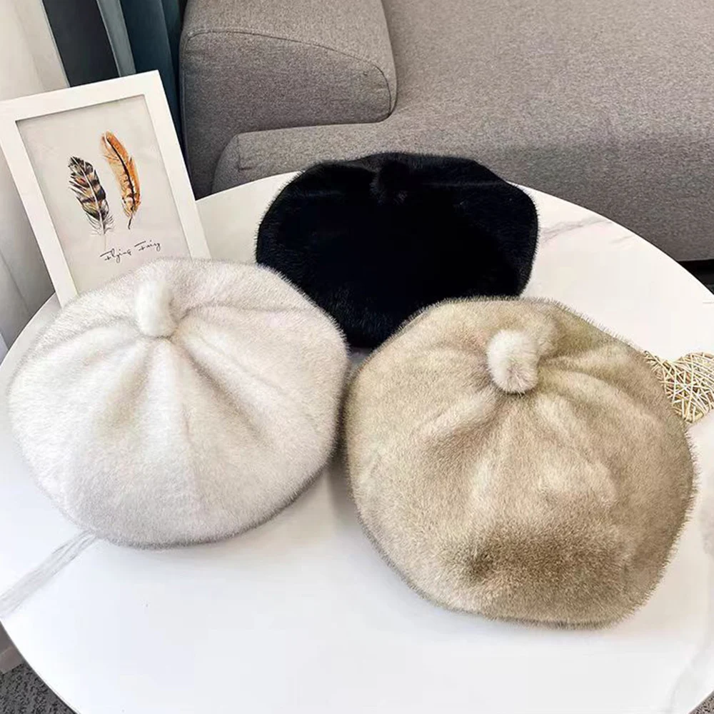 6368 Plush Faux Fur French Beret Hat, Beige, Soft Winter Fashion Cap, Classic Faux Fur Beret Winter Furry Beret Hats Fluffy Fuzzy Warm  main image 4