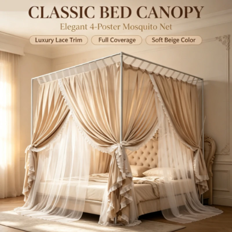 Luxury Palace Square Mosquito Net, 3-Door Zipper Design for 1.5m/1.8m Beds, Thickened Metal Frame & Anti-Fall Protection