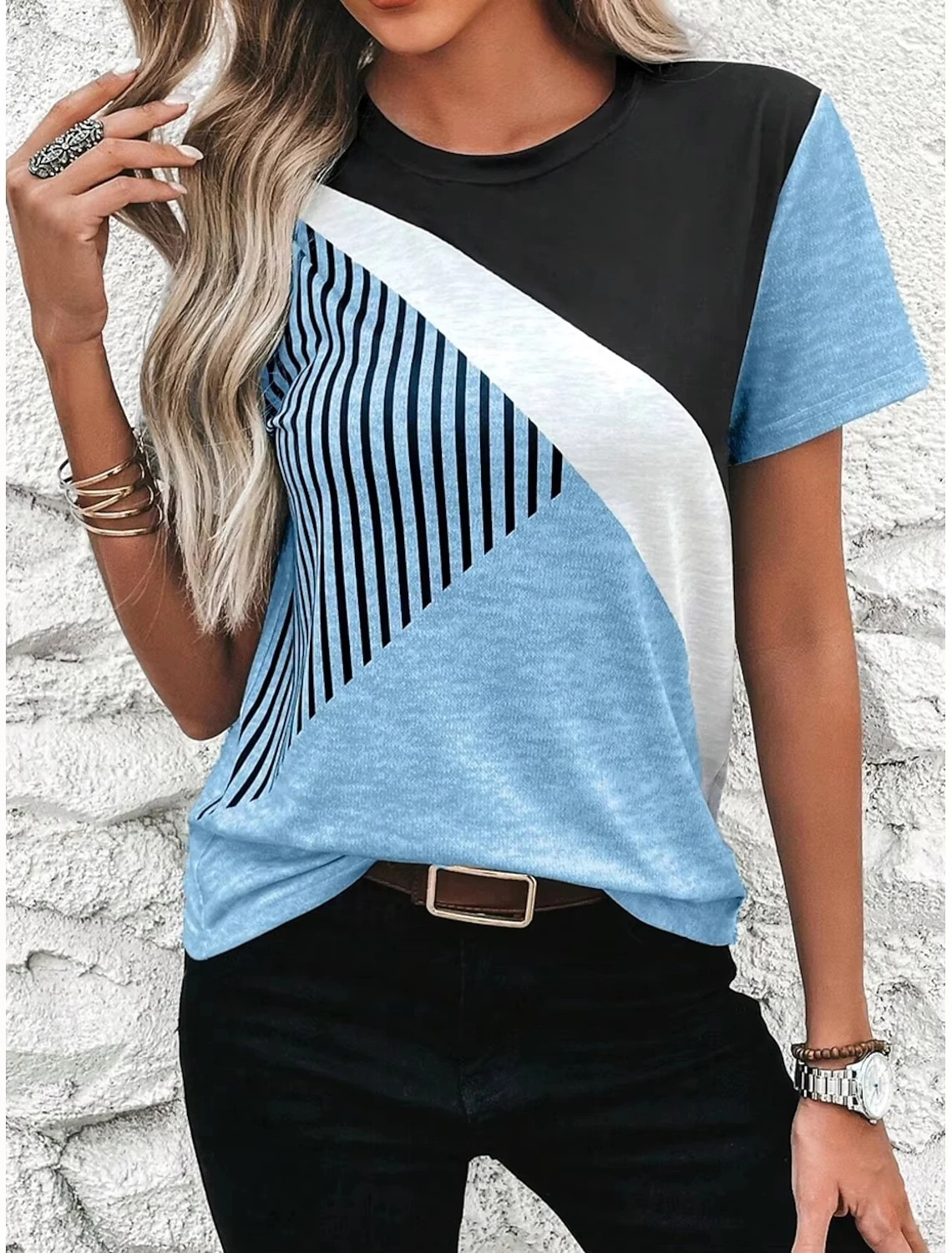 

New Women T-shirt Summer Diagonal Stripe 3d Print Tshirt Women Fashion Casual Crew Neck Short Sleeve T Shirt Female Tops Tees