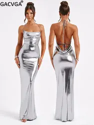GACVGA Sexy Sleeveless Metal Maxi Dress For Women Elegant Backless Lace-up Bodycon Club Party Evening Long Dress
