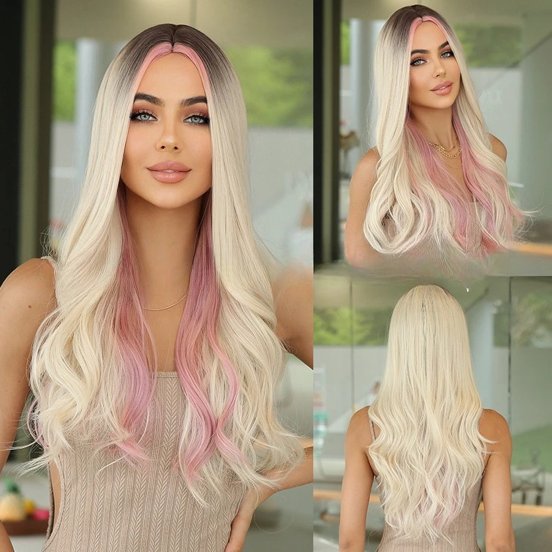 

Hot selling high temperature silk female wig white powder gradual change highlights big waves full headgear wedding style