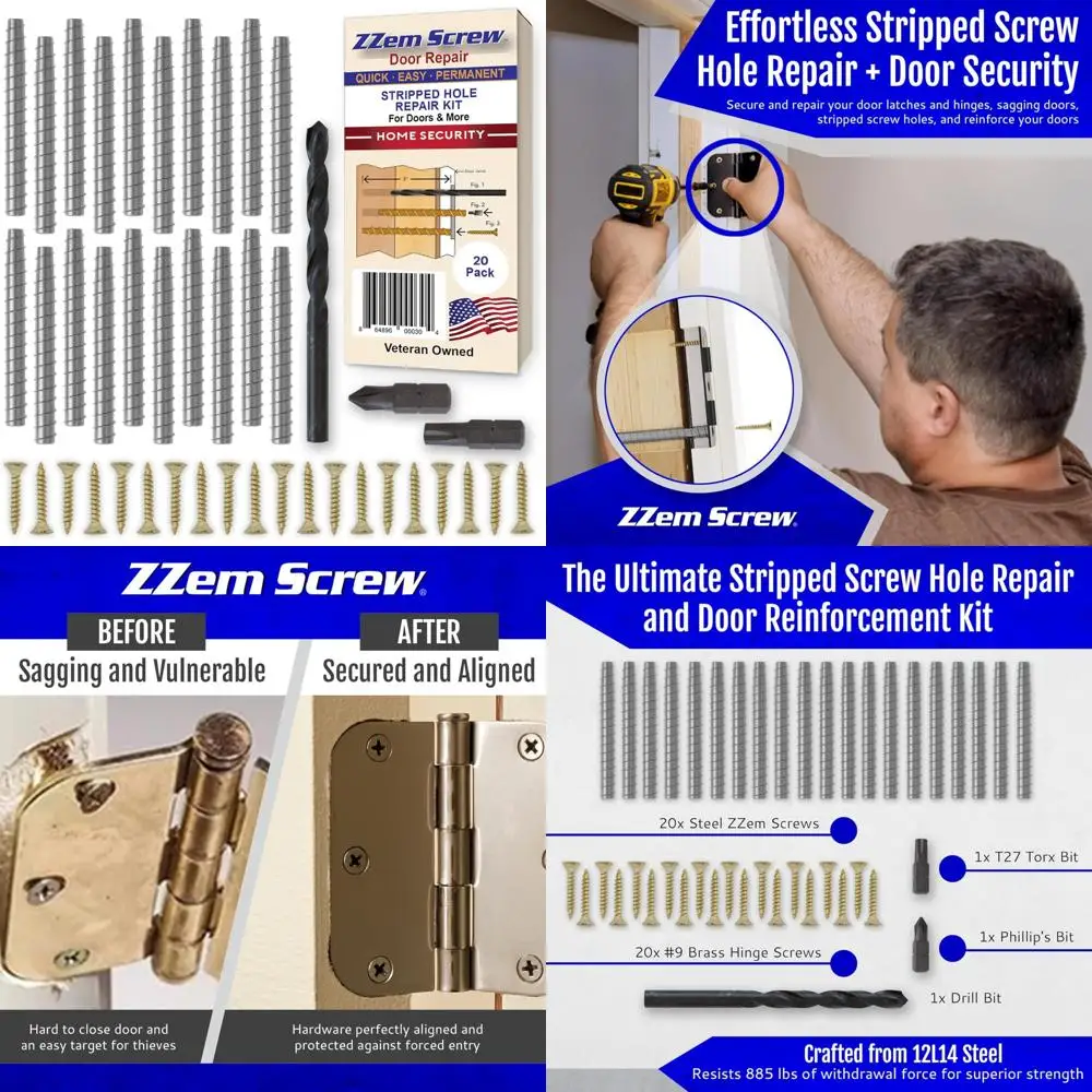 

Door Hinge Repair Kit - 20-Piece Steel Screws for Permanent Door Hinge Fix - Reinforce Door Hinges and Strike Plates - Easy Solu