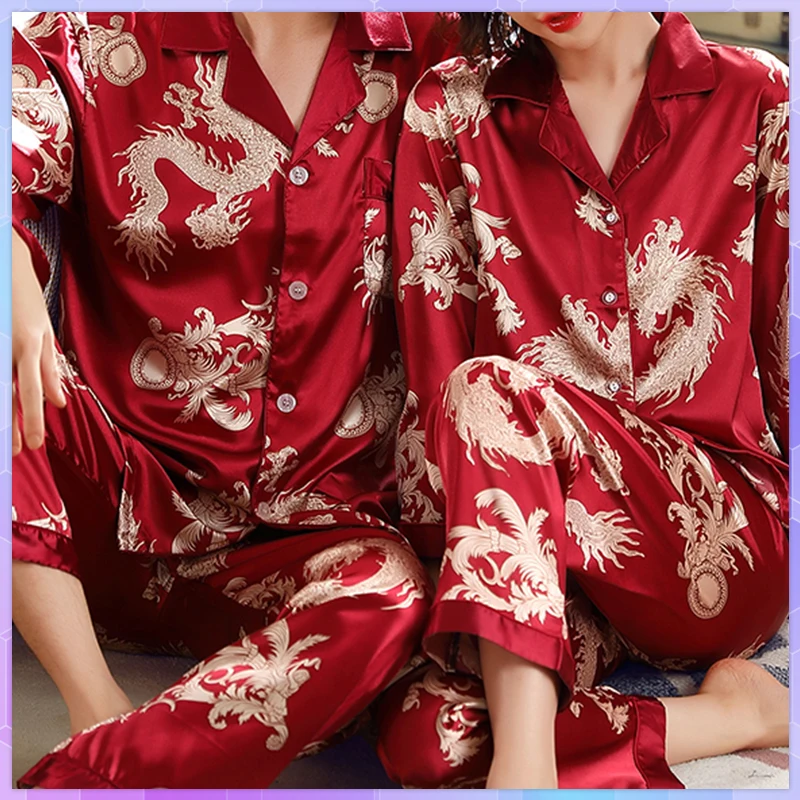 

Couple Sexy Rayon Silk Pajamas For Women Satin Sets Long Sleeve Sleepwear Pijama Suit Man 2Pc Set Loungewear Пижама Женская