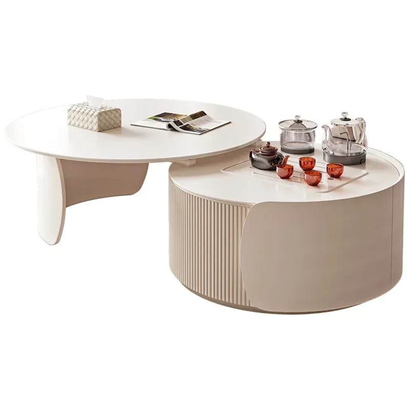 Cream style coffee table combination French light luxury living room household high-end rock slab round kung fu tea table