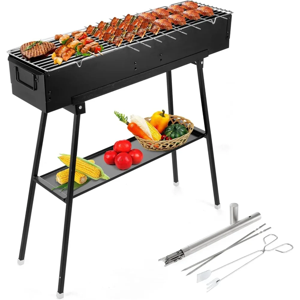 

Portable Outdoor Charcoal Grill, 32 Rectangular Foldable BBQ Grill with Stainless Steel Skewer for Grilling Lamb and More