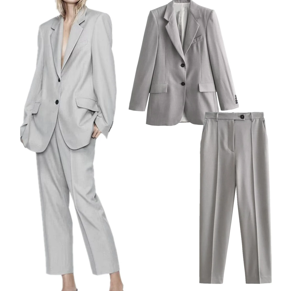 Dave&Di French Vintage Elegant Suit Pants Set Grey Loose Style Blazers Jacket Boyfriend  Casual Pants Two Pieces Sets Women