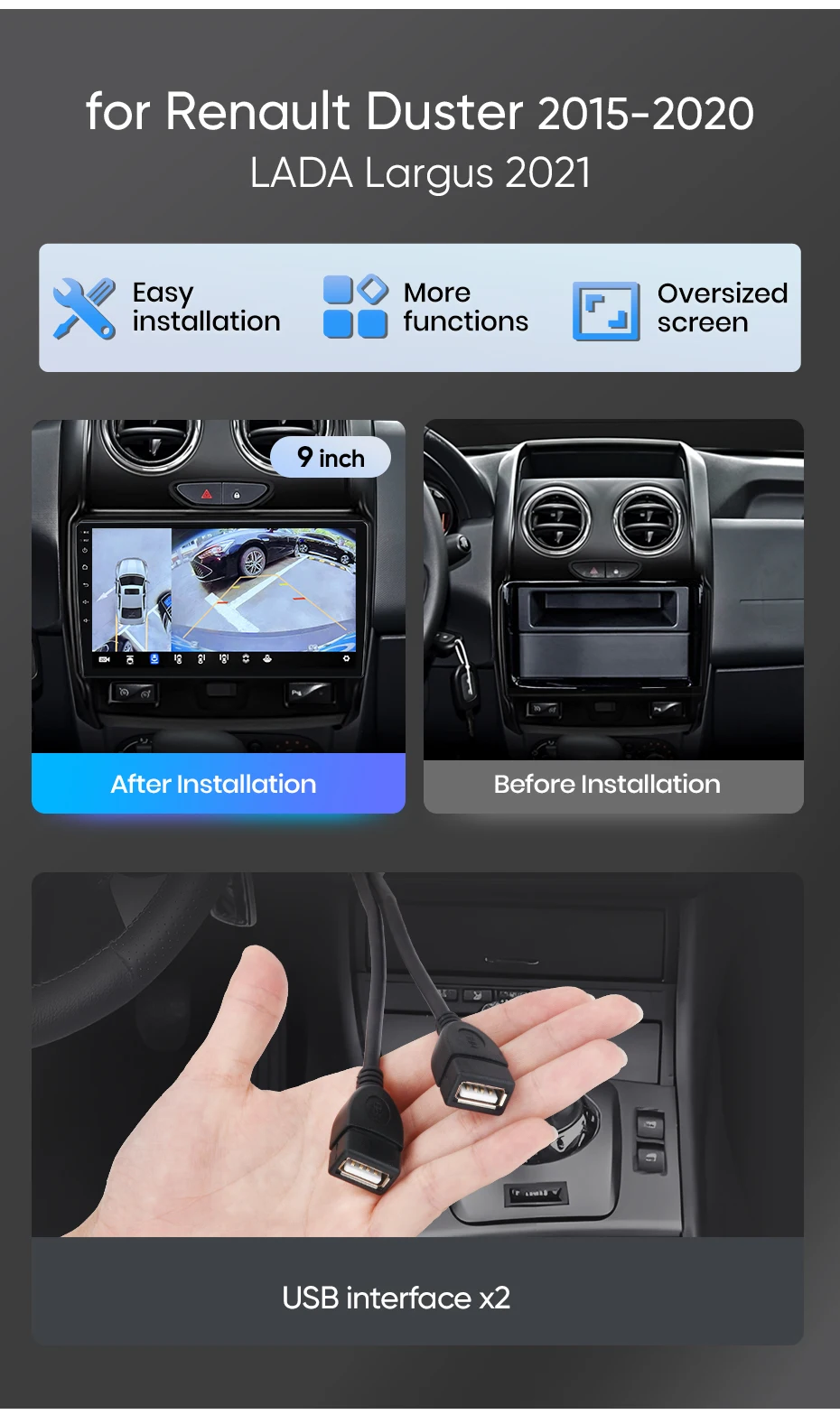Junsun Autoradio für Renault Duster D 2015-2020 und Lada Largus 2021 mit CarPlay, Android Auto, FM, RDS, DSP, BT, GPS-Navigation, Lenkradfernbedienung, HD IPS Touchscreen, Plug & Play Multimedia-Player, Freisprechfunktion, Original-Autostil-Haupteinheit – Detail 2