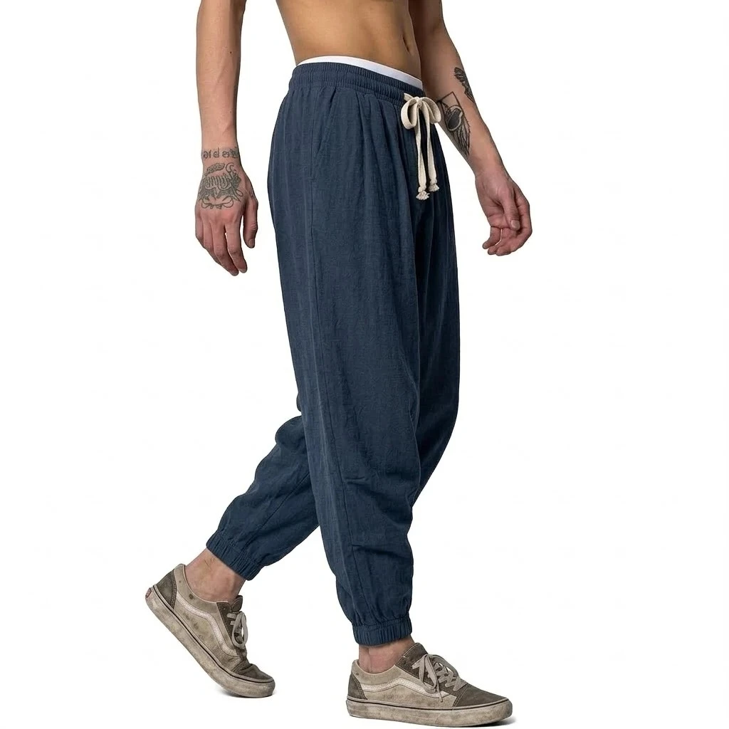 Koreanische Leinenhose für Herren, Herbst-Fitness-Yoga-Freizeithose, Baggy Pants für Frühling und Herbst, Haremshose, Lose Arbeitshose mit Kordelzug für Männer – Detail 6