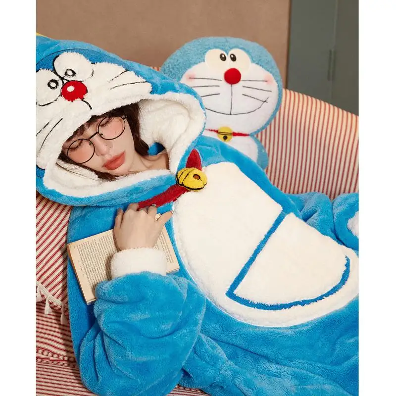 Doraemon Blue Coral Velvet Jumpsuit Women's Thick Winter Warmth Dingdang Cat Hoodie Sleepwear Women's Home Anime Cute Clothes