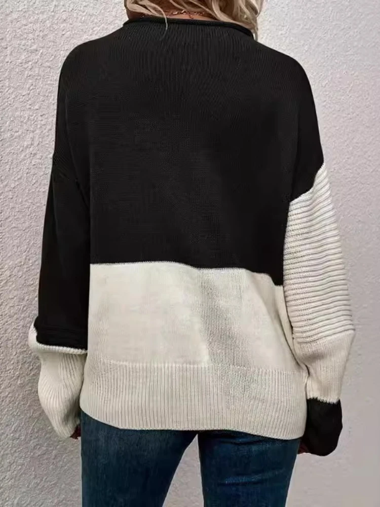 Sweat à capuche tricoté chaud et col rond pour femme, élégant, couleur bloquée, manches longues, pull épais, nouvelle mode hiver 2025