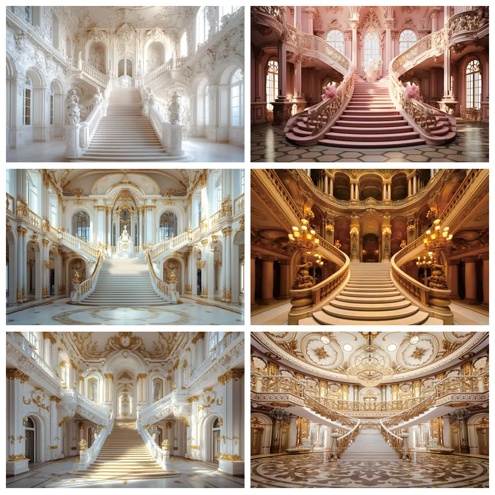 

Luxurious Palace Backdrop Retro Castle Staircase Bride Wedding Baby Birthday Adult Portrait Photography Background Photo Studio