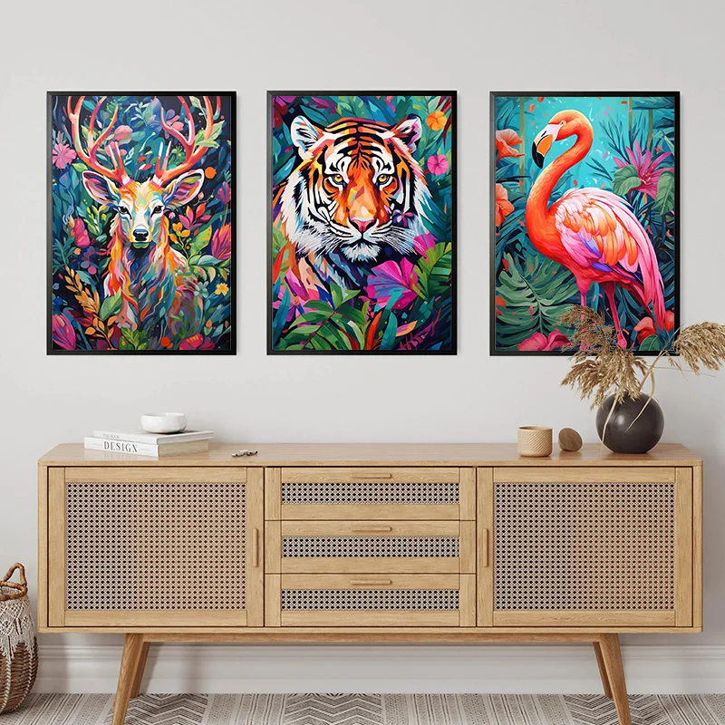 Colorful Forest Tiger Deer Flamingo Wolf Parrot Lion Monkey Dragon Poster Print Canvas Wall Art Picture Room Home Decor Unframed