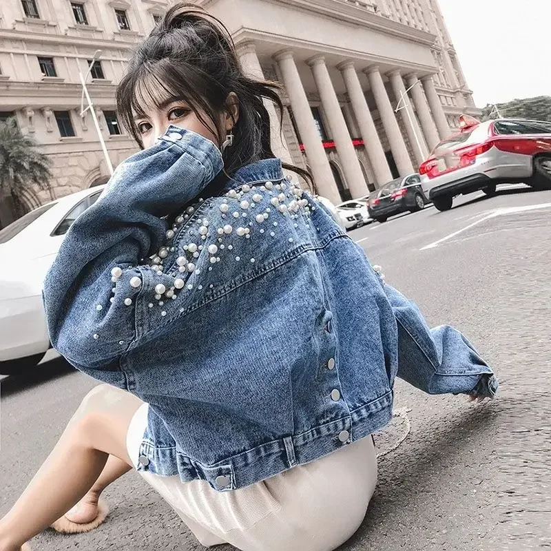 Spring Autumn Denim Jacket for Women Crop Short Woman Jean Coat Small Blue Plain with Beads Outerwear Cowgirl Clothing Deals