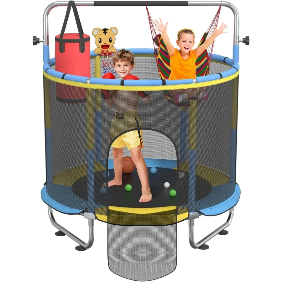 

60-дюймовый батут для детей в помещении с баскетбольным кольцом и защитной сеткой для возраста 1-8 лет, выдерживает до 150 кг, идеально подходит для дома
