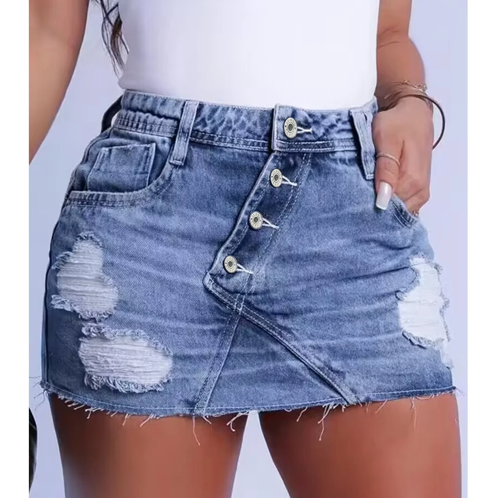 

Wepbel Denim Skirts Women High Waist Ripped Sexy Stitching Irregular Ripped Denim Skirt Washed Button Sexy Pencil Skirts