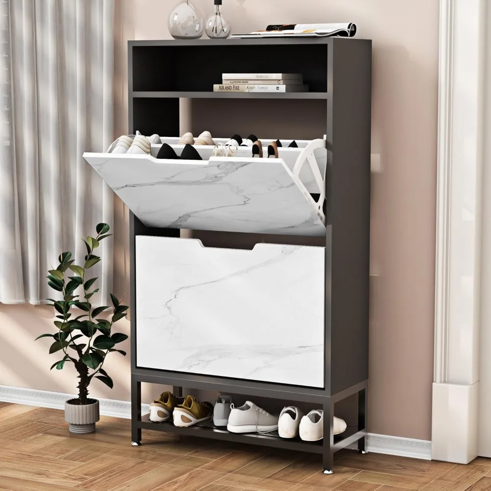 

Shoe Cabinet with 2 Marbleized Finish Flip Drawers,Shoe Storage Cabinet with Open Shelves& Metal Mesh Frame