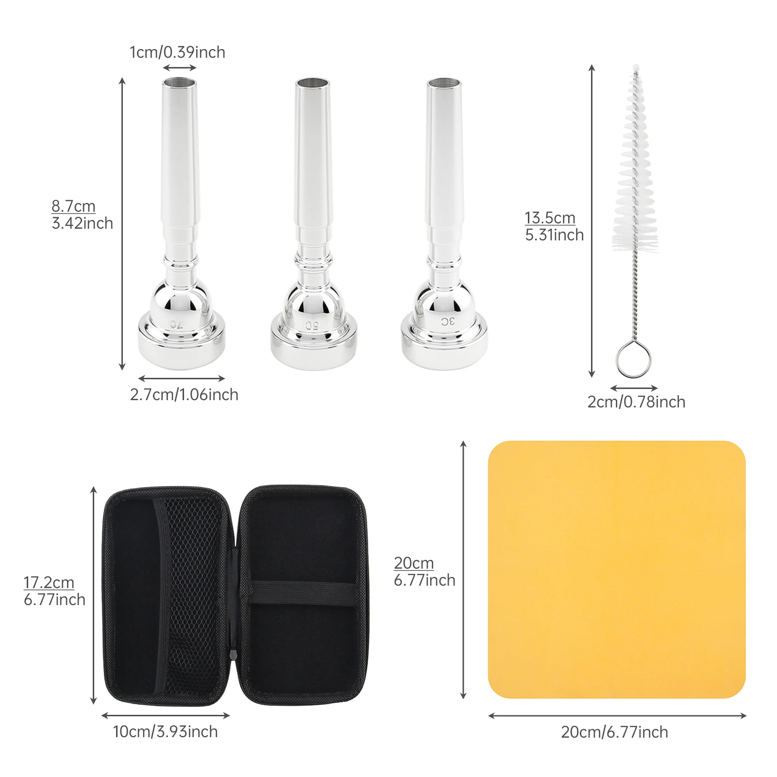 Versilbertes Messinglegierungs-Mundstück-Set 7C 5C 3C für Trompeten, passend für Yamaha / Bach / Conn / King, mit Bürste, Reinigungstuch, EVA-Etui – Detail 8