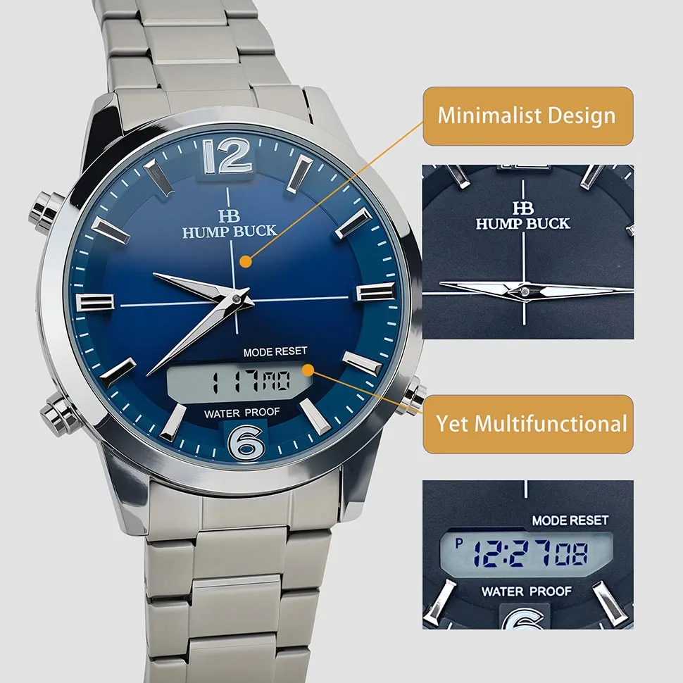 Мужские часы HUMPBUCK с двойным дисплеем, спортивные наручные часы 12/24 часа, водонепроницаемые и секундомер, идеально подходящие для ежедневного использования