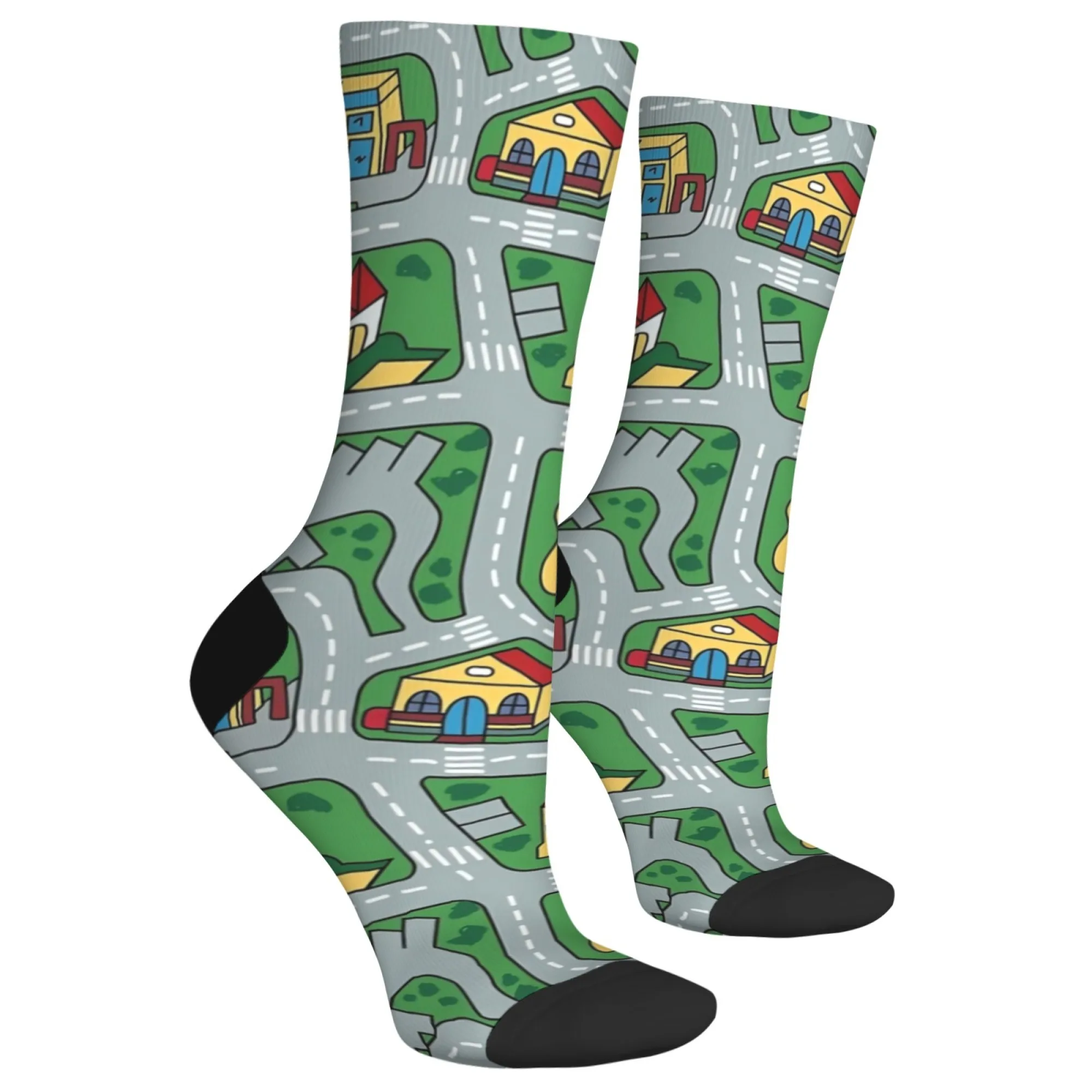 Kaus Kaki Pria Motif Peta Kota Kartun Lucu dan Unik, Pola Pemandangan Kota yang Menyenangkan, Kaus Kaki Bernapas dan Hangat untuk Pemakaian Kasual Sehari-hari & di Rumah