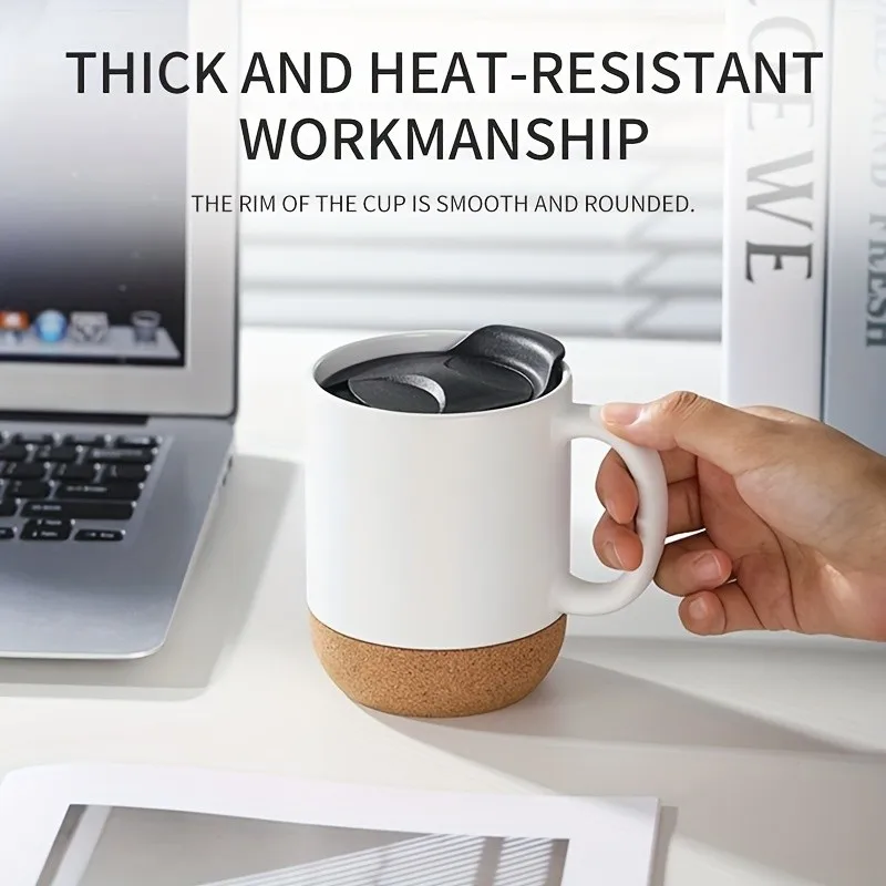 Matte Ceramic Coffee Mug 400ML with Silicone Lid & Cork Base Anti‑slip Heat‑resistant Office Tea Water Cup