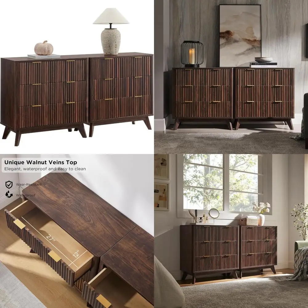 

Pair of 3-Drawer Fluted Dressers, 32 High Modern Chests, Curved Design, Wooden Bedroom Storage Organizer