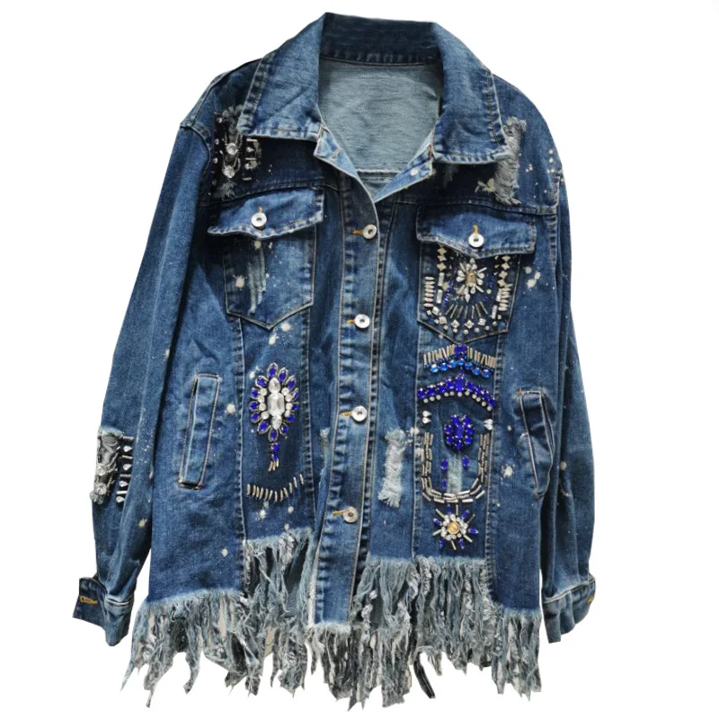 Jacketautumn New Stylewomen's Denim And Winter New Loose Custom Diamond Decoration Irregular Fringe Hem All-Match Tide Denim Jac