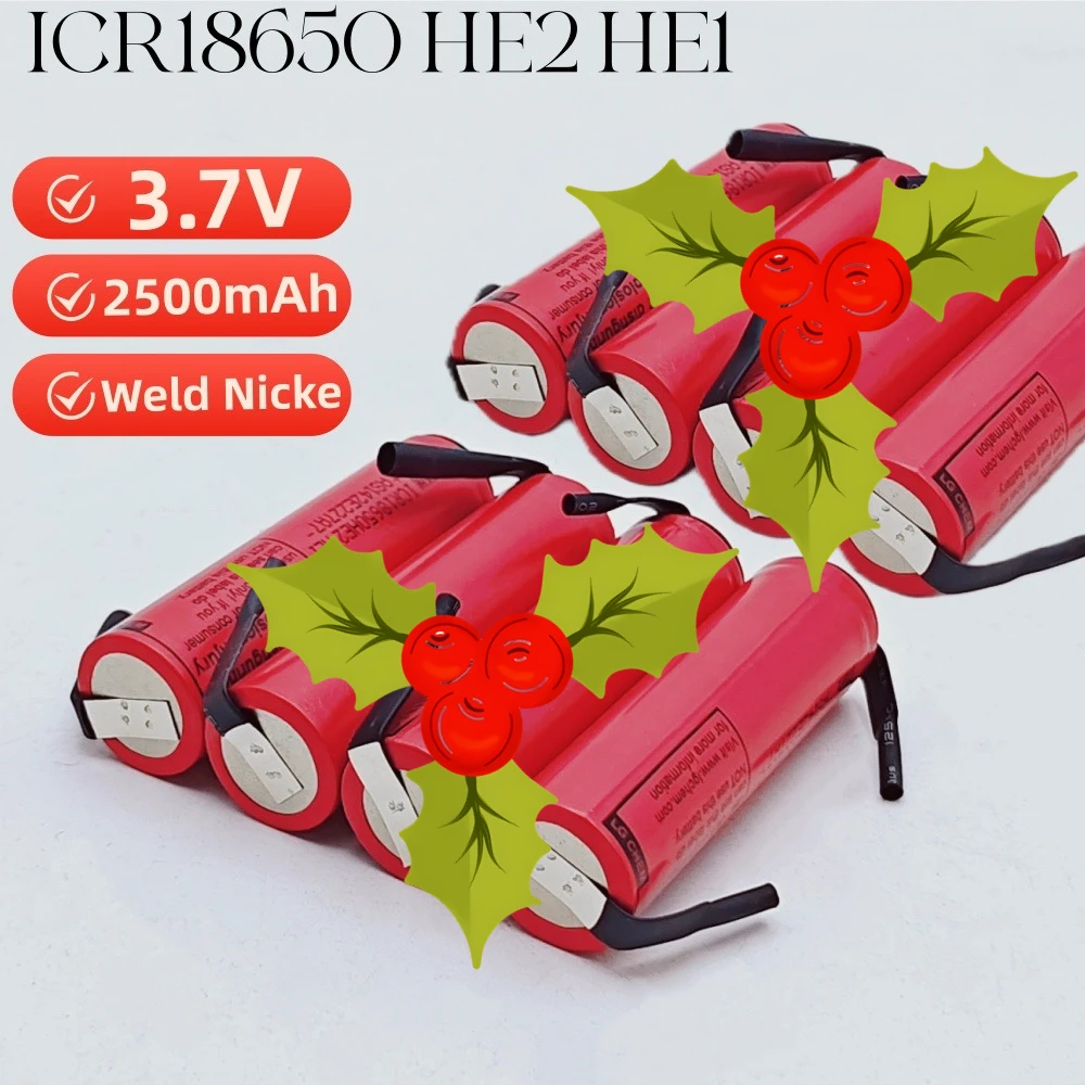 

Аккумулятор 18650 2500 мАч, 3.7В, ICR18650 HE2 HE1, высокотоковый, для электроинструментов, с припаянным никелем