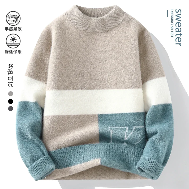 

Warm Knitting Pullovers Fit Fashion Knitt Sweater Men's Loose stripe printing Men wool pullovers Thick Warm Comfortable High