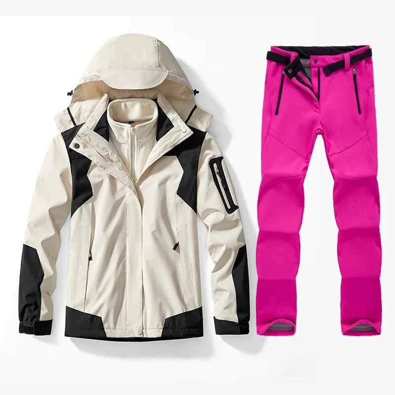 冬の女性用スキーウェア 防水スノーボード 3 in 1 セット ジャケット パンツ 暖かいスノーコート マウンテンウィンドブレーカー 女性用スキー服