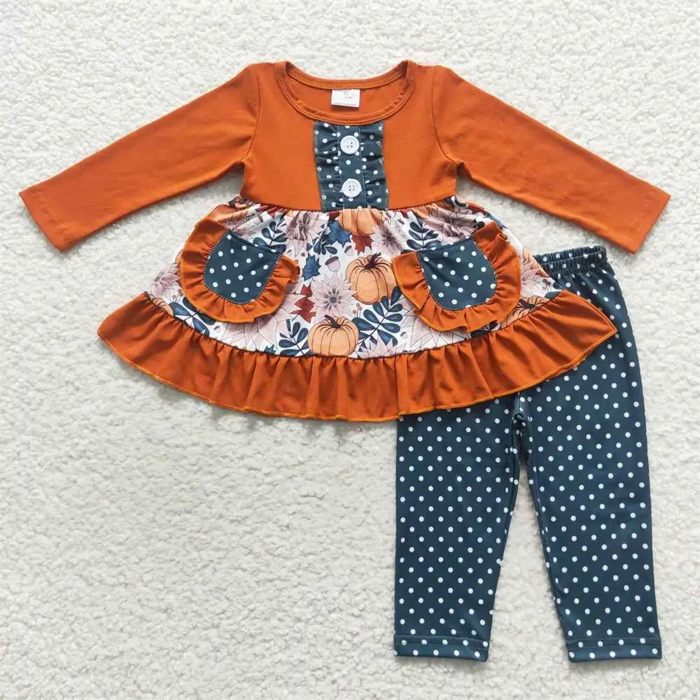 

Wholesale Long Sleeve Fall Pumpkin Floral Pocket Tunic Baby Girl Dots Pants Infant Children Set Kids Toddler Thanksgiving Outfit