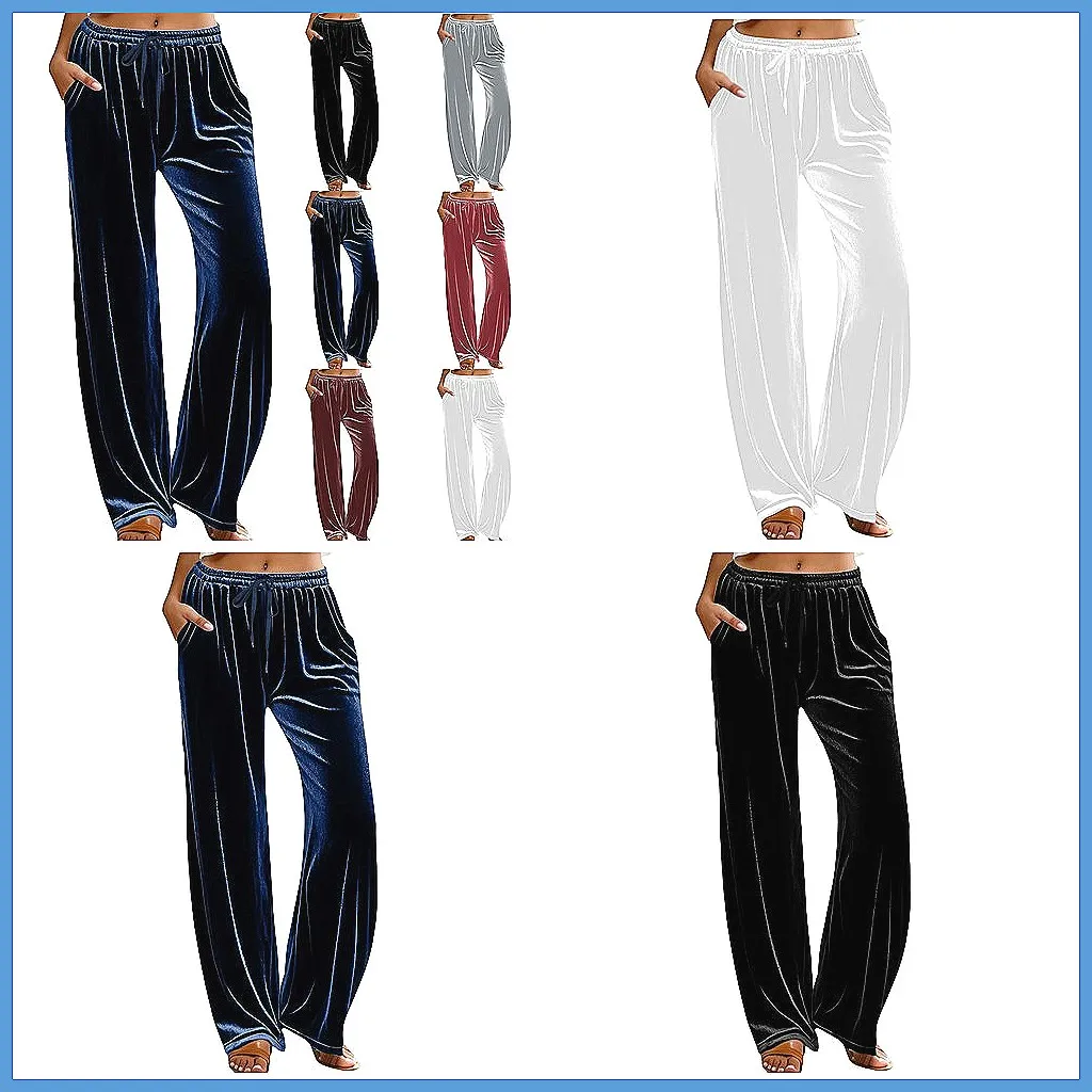 Women's Velvet Pants High Waisted Bootcut Flare Leg, Comfy Casual Baggy Velour Trousers with Drawstring