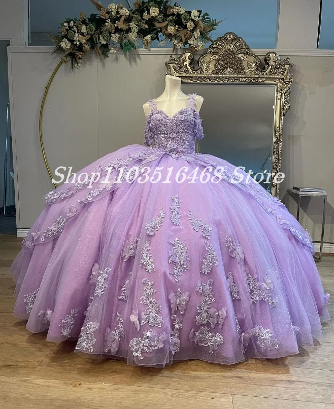 Vestido De Quinceañera púrpura De princesa brillante De lujo, mariposa De cristal, bordado, Poncho con volantes, 15 Quinceañera, 2024