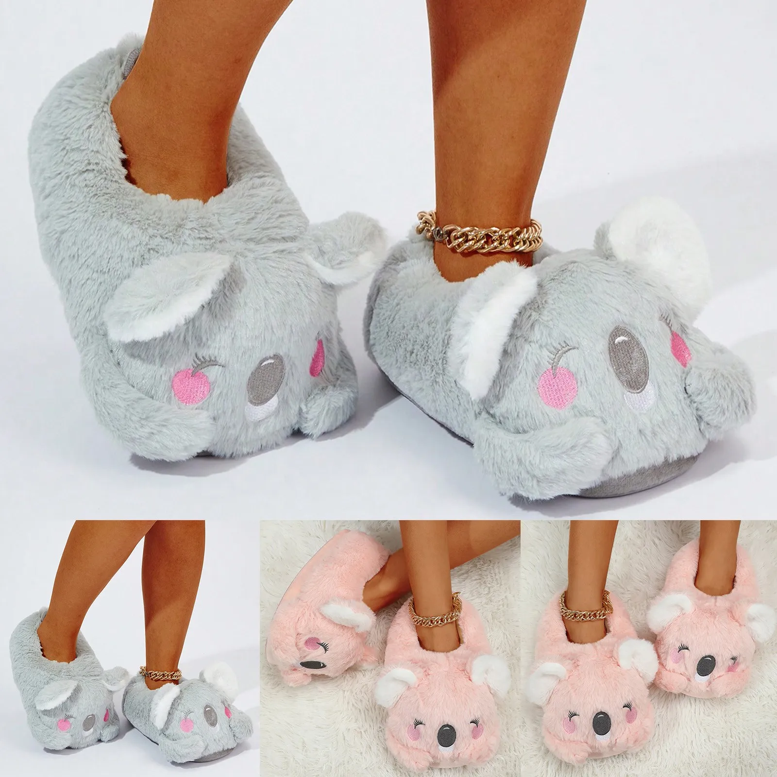 Women\'s  Cute Cartoon Koala Cotton Autumn And Winter Slippers Pack Heel Home Soft Non-slip Warm Breathable Indoor Plush Shoes