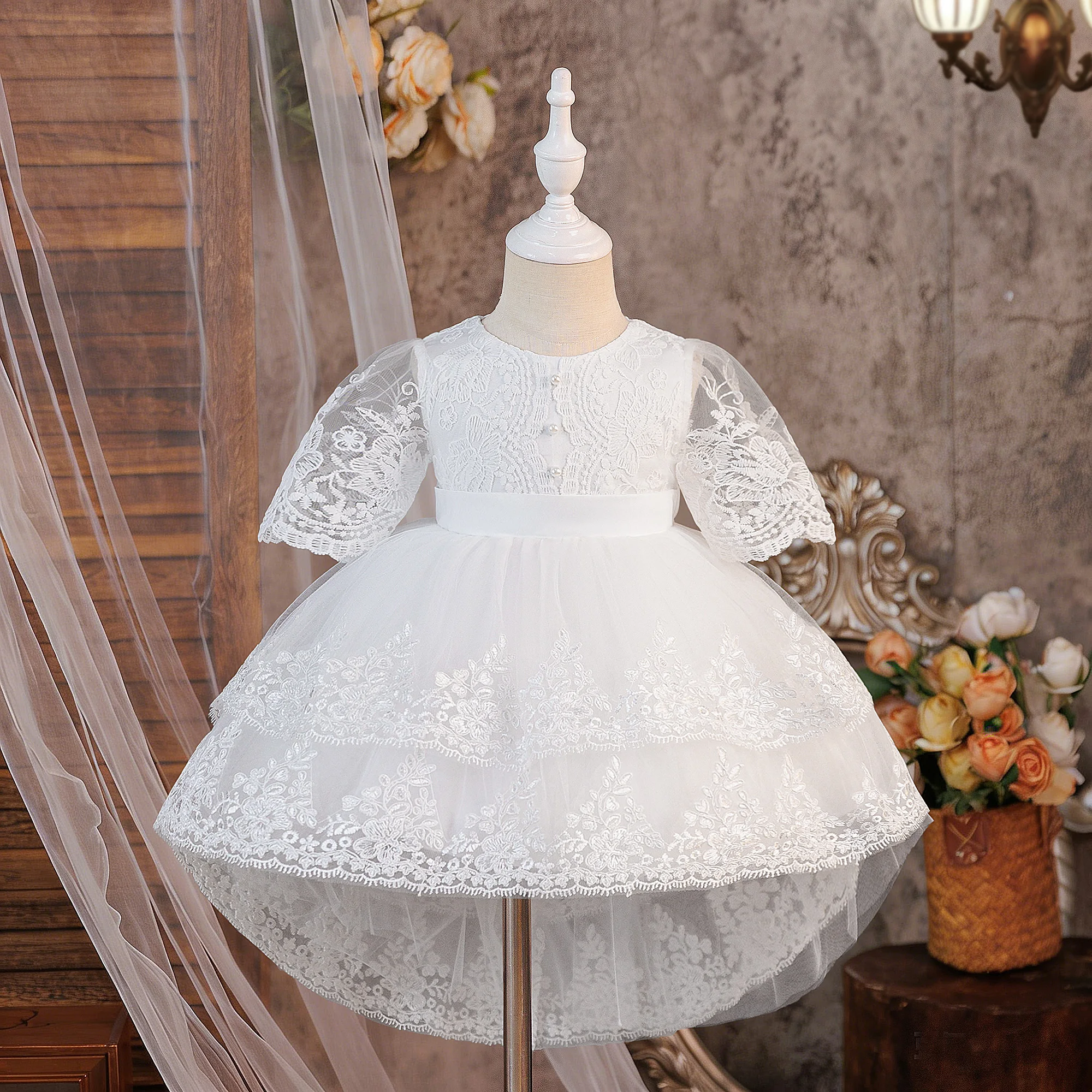 Kleinkind Taufkleid Brautjungfernkleid Baby Mädchen Kleid mit Schleife 1. Geburtstag Hochzeit Party Prinzessinnenkleid für Mädchen Tüll Taufkleid Ballkleid