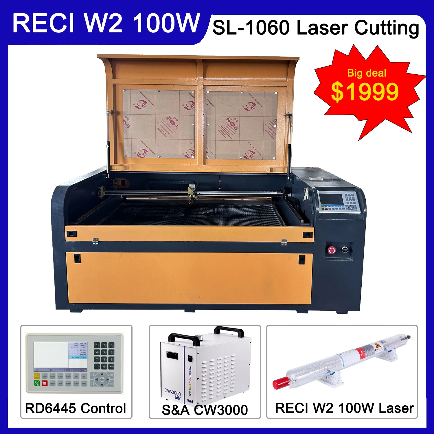 100W CO2 Laser Engraving Cutting Machine Laser Engraver 1000*600mm RECI W2 CO2 Laser Tube Engraver Fabric Wood Leather EU Ship