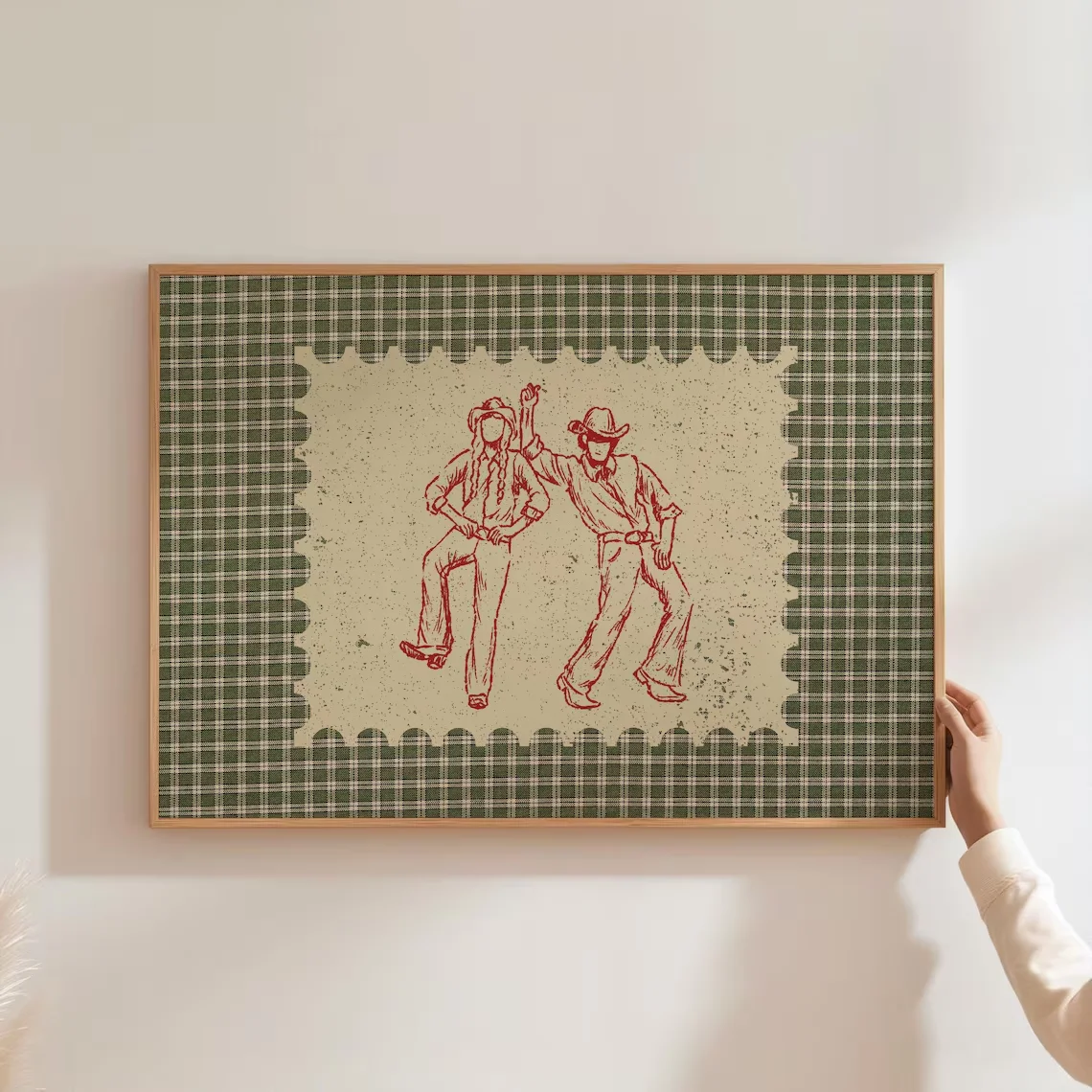 Vintage Gingham Rodeo Print Western Bedroom Print Cowboy Wall Art Rustic Mid Century Modern Decor Retro Print Green Fabric