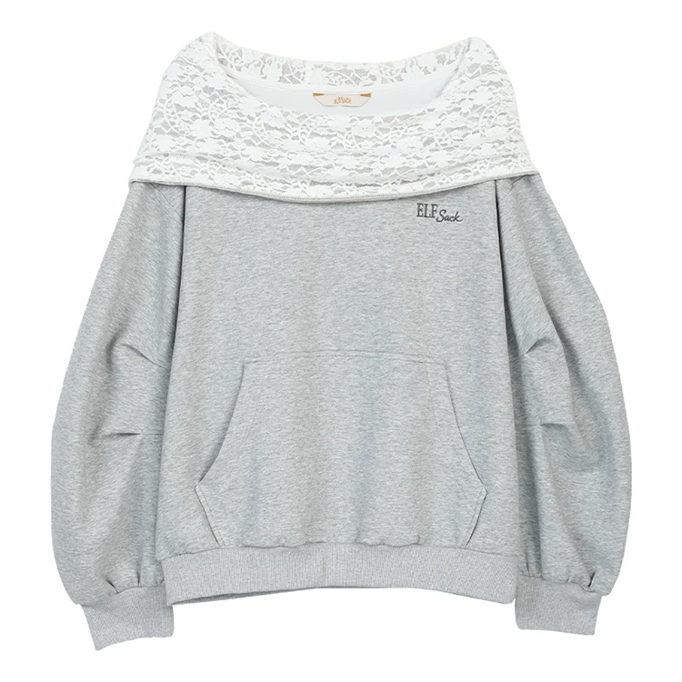 ELFSACK Women's Casual Off Shoulder Sweatshirt with Patterned Collar, Loose Long Sleeve Pullover for Everyday, Chic Gray Top
