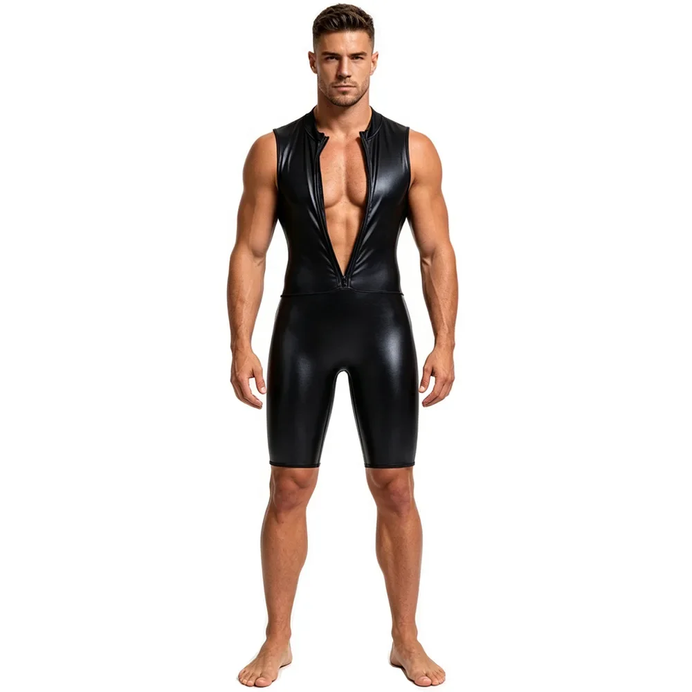 Sexy Faux Leather Bodysuits Shapers 2026 Men's Front Zipper Open Leotards Jumpsuits Nightclub Wrestling Sleeveless Tight Rompers