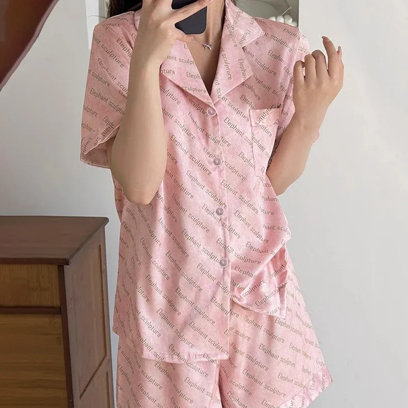 French Romantic Y2k Pink Letter Print Women Pajamas Fresh Elegant Aesthetics Sleepwear 2024 New Summer Herringbone Twill Lounges