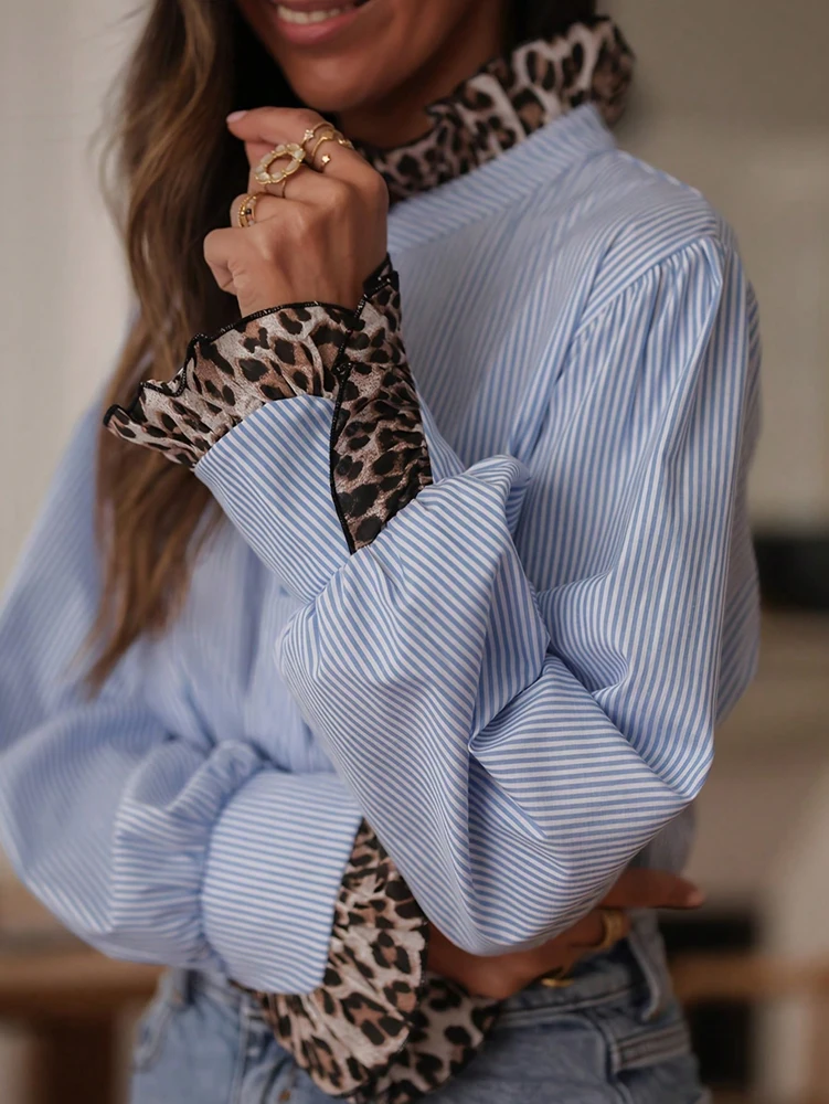 

Осенние новые поступления: женская элегантная повседневная полосатая блузка в стиле пэчворк с леопардовым принтом — подходит для всех сезонов
