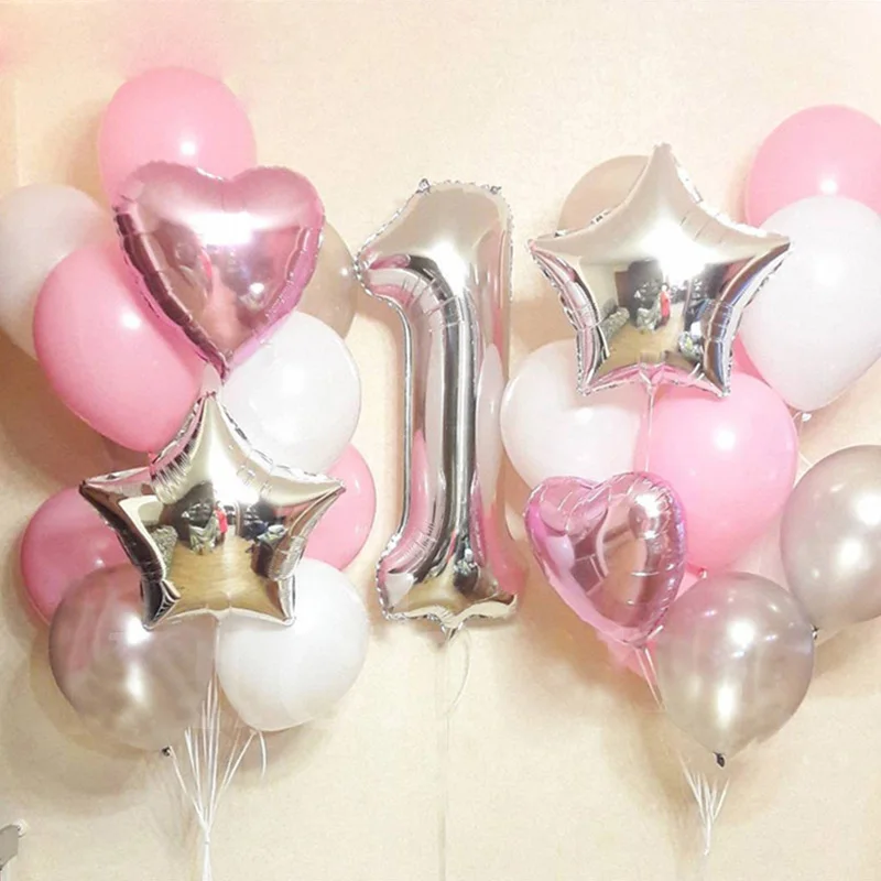 21 Stuks Roze Zilveren Nummer Ster Hart Folie Ballonnen 1e Verjaardagsfeest Decoratie Kids Meisje 1 2 3 4 5 6 7 8 9 Jaar Oude Benodigdheden