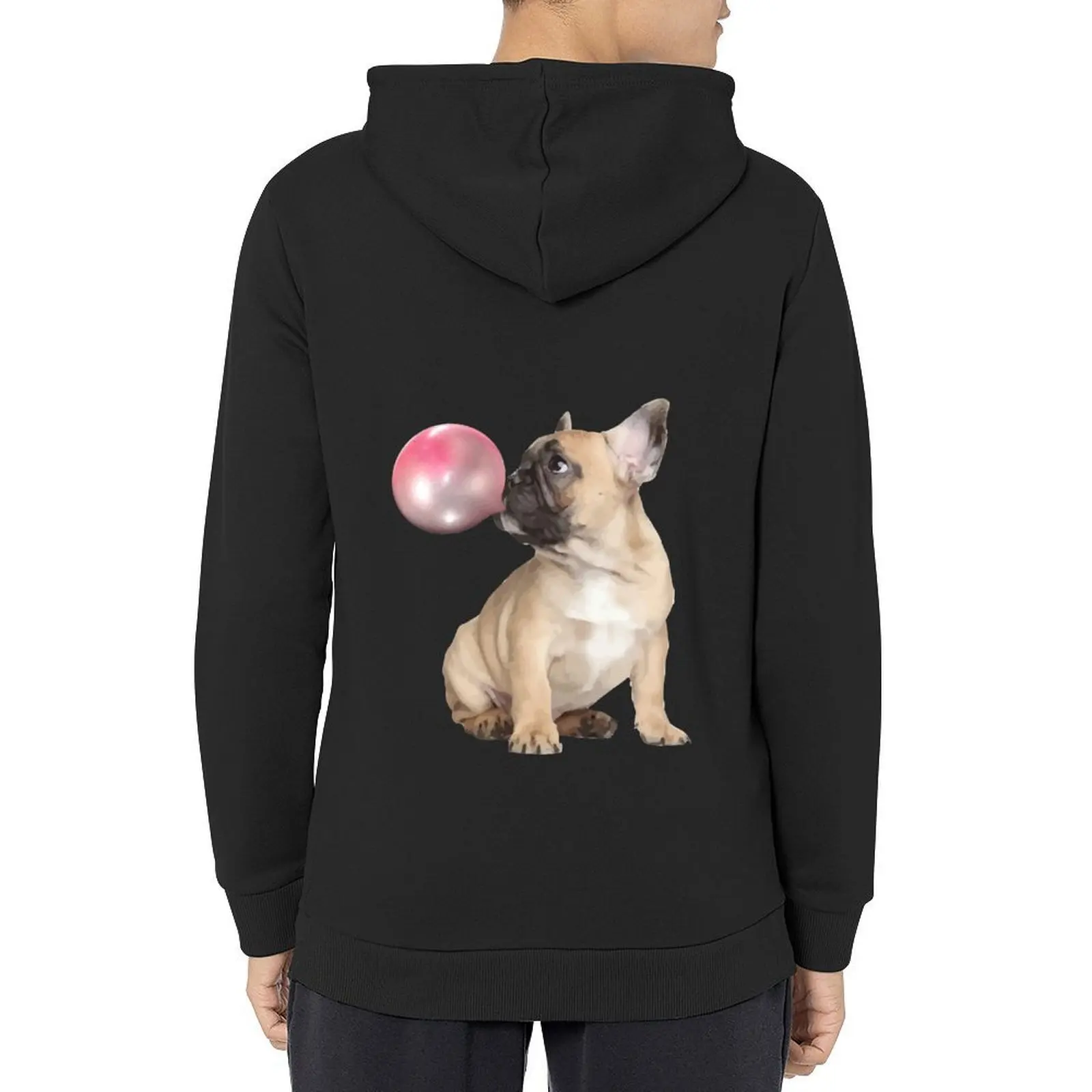

French bulldog puppy and pink bubblegum, cool funny frenchie dog Hoodie hooded shirt anime clothing male clothes hoodie for men