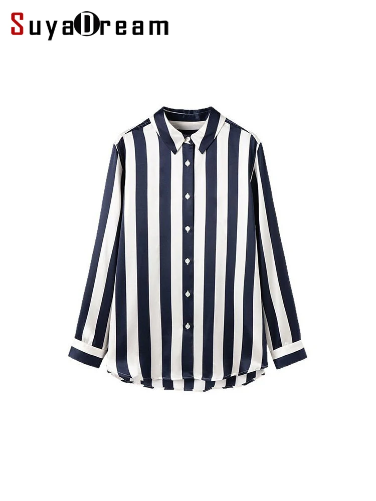 

SuyaDream,Women Striped Shirts, 93%Silk 7%Spandex, Printed Long Sleeved Elegant Blouses, 2025 Spring Summer Chic Top