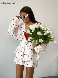 Mnealways18 Cotton Suits For Women 2 Piece Sets Print Long Sleeve Sleepwear Sashes Casual Female Suits With Shorts Spring 2024