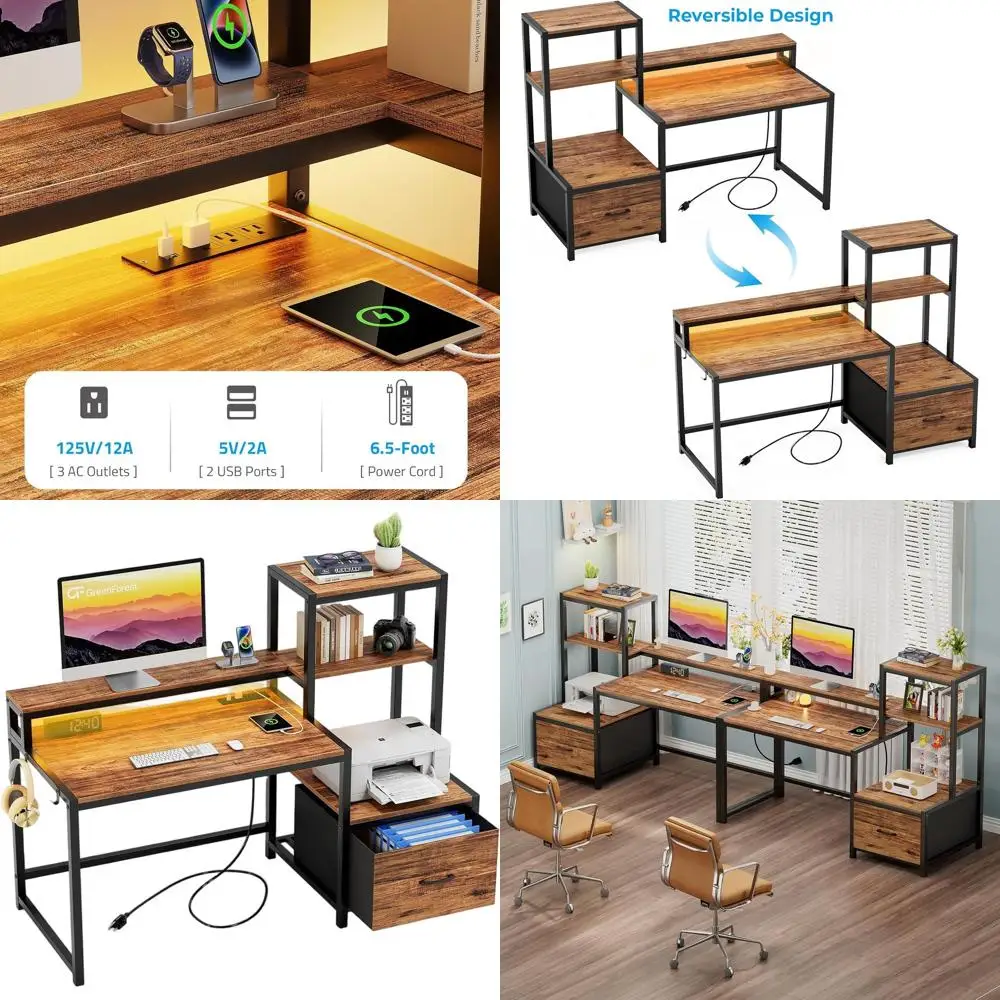 

Рабочий стол Walnut 51 для дома и офиса с ящиками, подставкой для монитора, полками для хранения, розетками и светодиодной подсветкой
