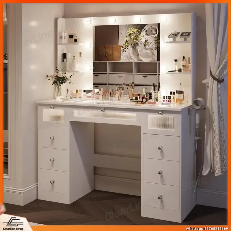 Mesa de Maquiagem Branca com Espelho LED, 9 Gavetas, Mesa de Vanity Estilo Hollywood com 3 Lâmpadas e 4 Prateleiras, Mesa Moderna para Quarto