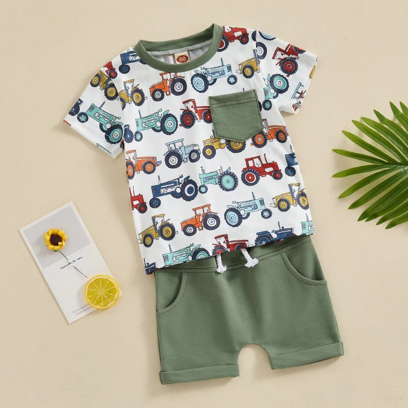 Toddler Baby Boy Farm Outfit Tractors Print Short Sleeve T-Shirt Tops and Drawstring Shorts Set 2Pcs Summer Clothes